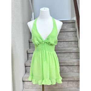 FREDERICK'S OF HOLLYWOOD Neon Lime Green Sheer Ruffle Halter Top / Dress - Sz M